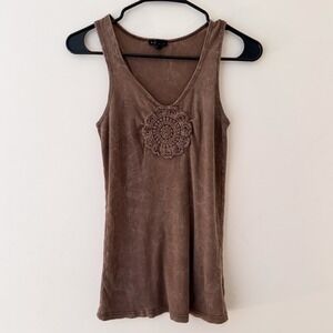 Y2K Brown Ribbed Tank Top Crochet Flower Detail Women's Size M Indie‎ Grunge